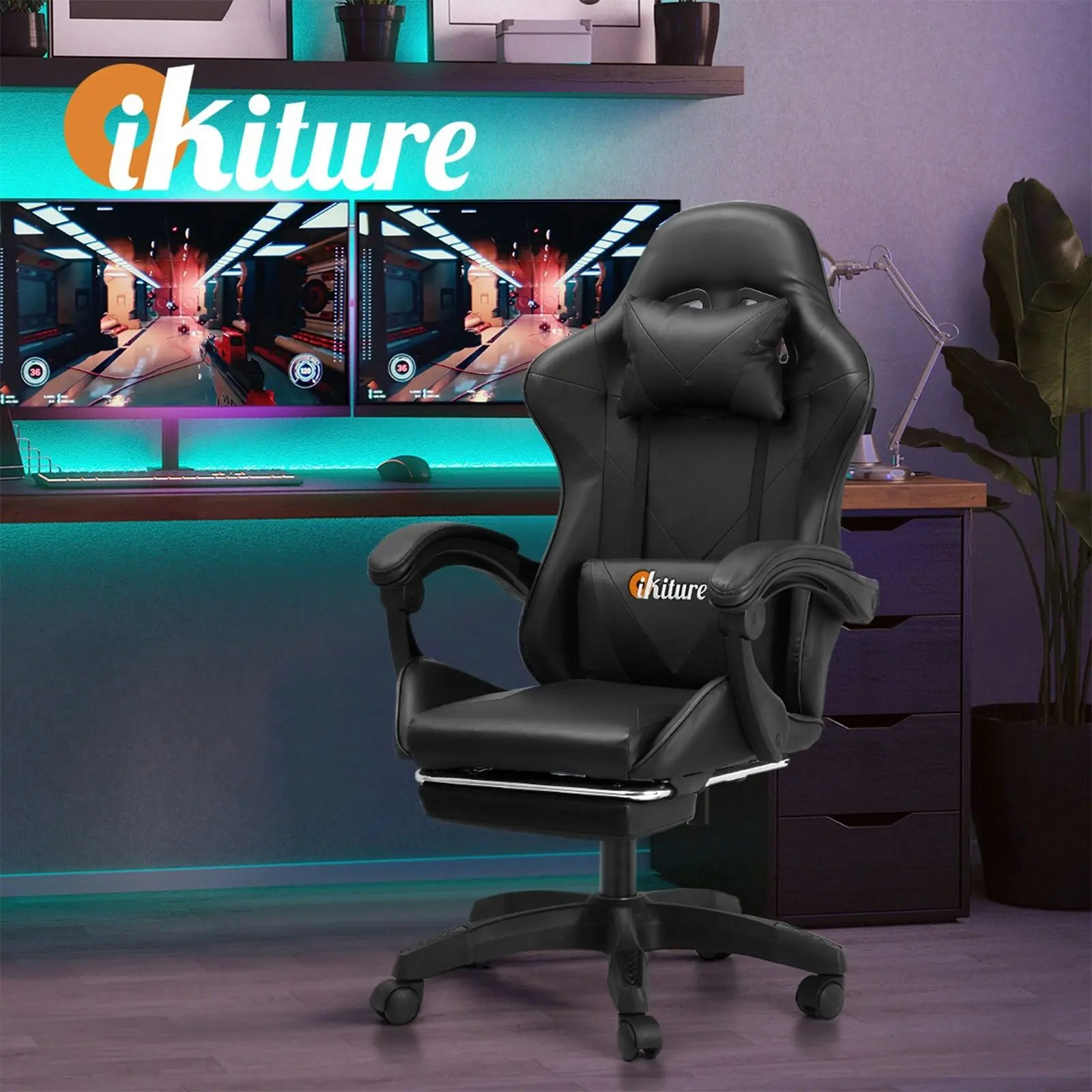 Oikiture Massage Racing Gaming Chair Recliner Office PU Leather with Footrest Black