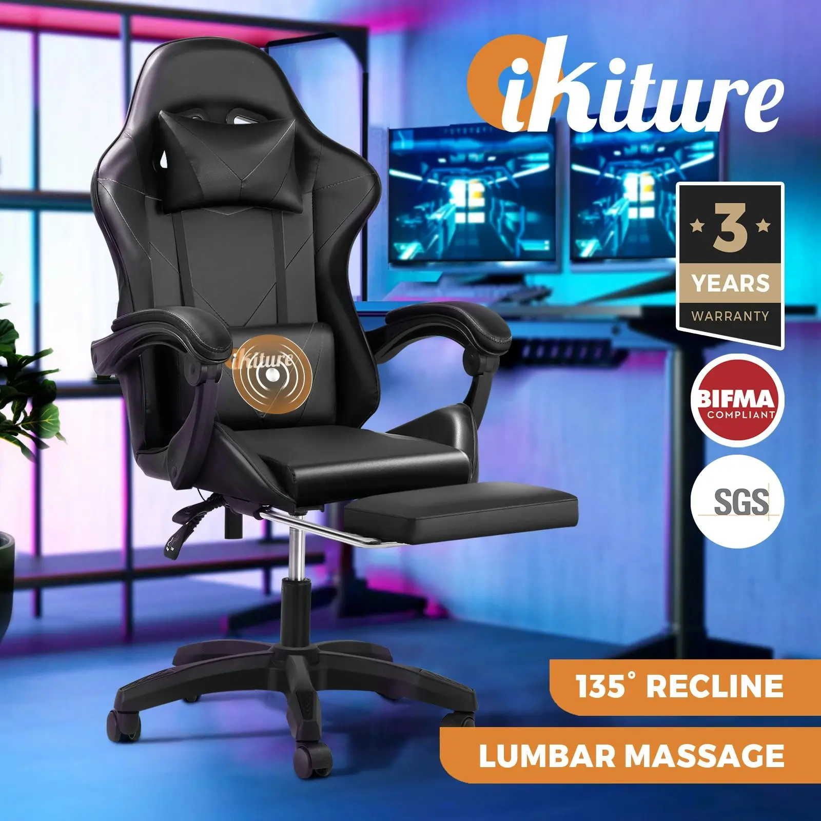 Oikiture Massage Racing Gaming Chair Recliner Office PU Leather with Footrest Black