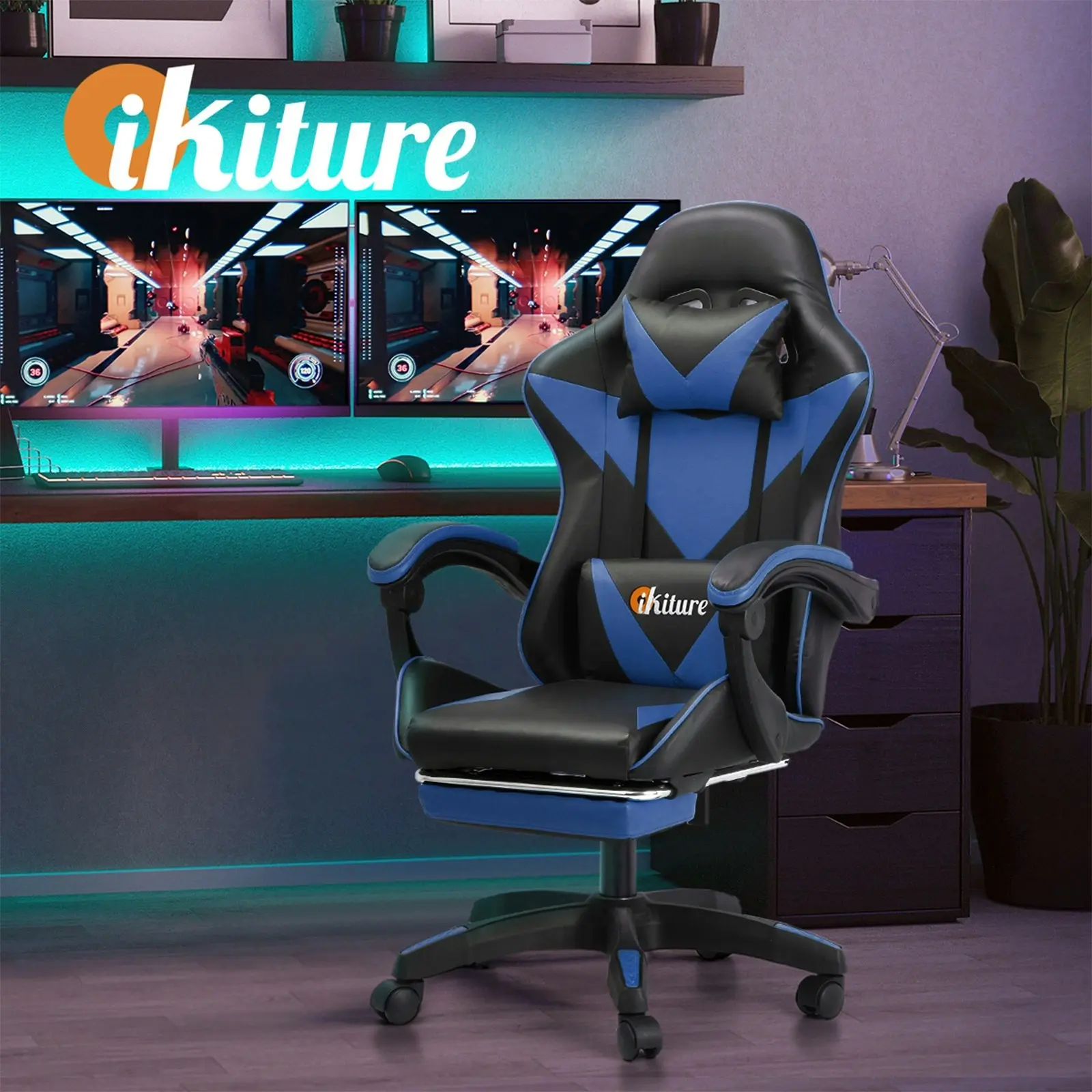 Oikiture Gaming Chair Massage Racing Recliner Office PU Leather with Footrest Black&Blue