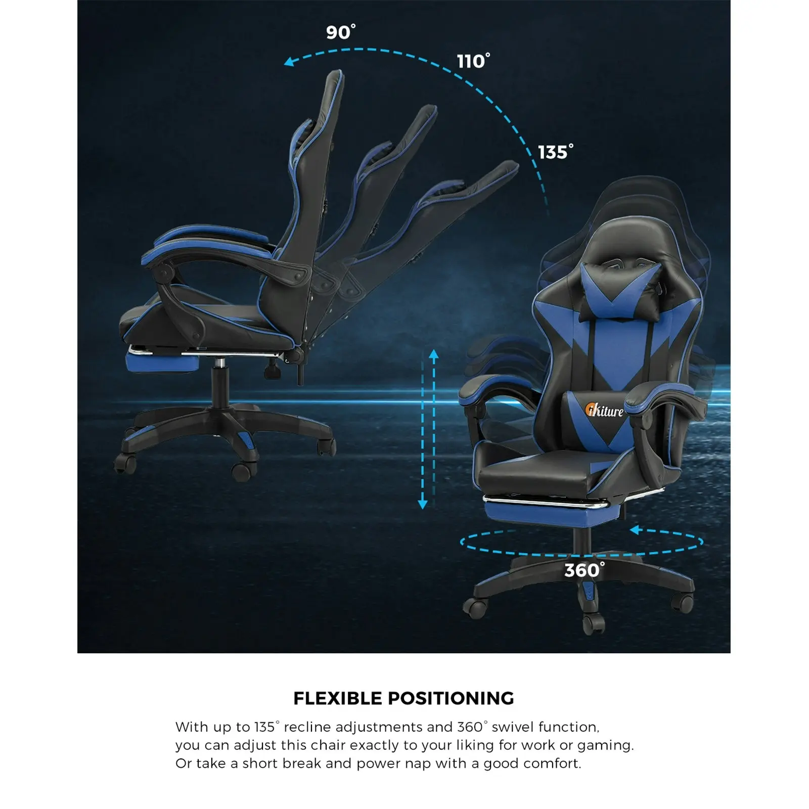 Oikiture Gaming Chair Massage Racing Recliner Office PU Leather with Footrest Black&Blue