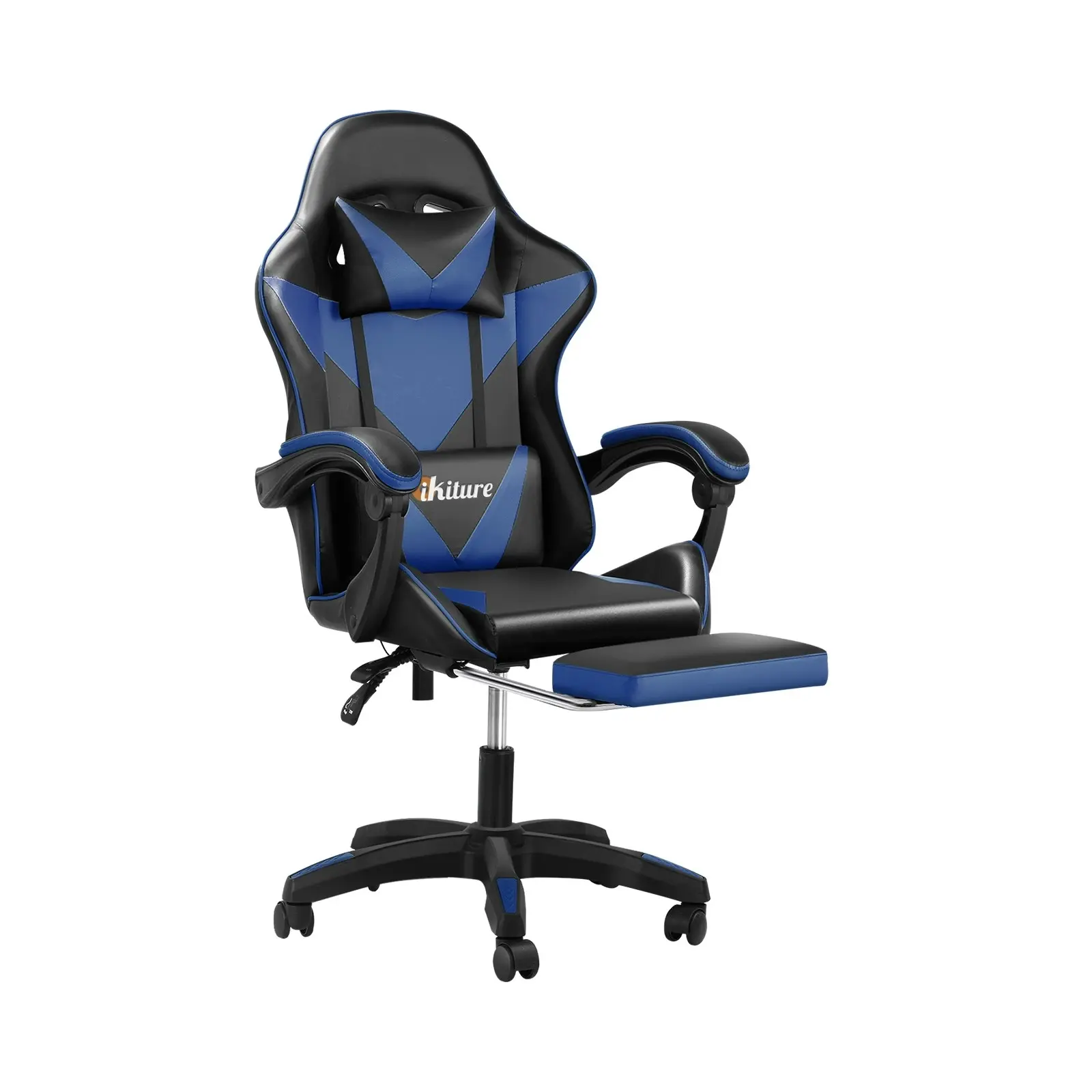 Oikiture Gaming Chair Massage Racing Recliner Office PU Leather with Footrest Black&Blue