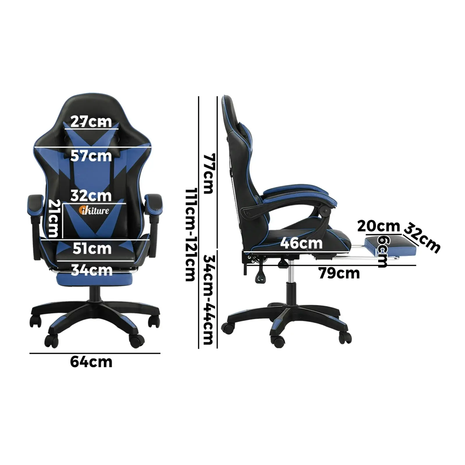 Oikiture Gaming Chair Massage Racing Recliner Office PU Leather with Footrest Black&Blue