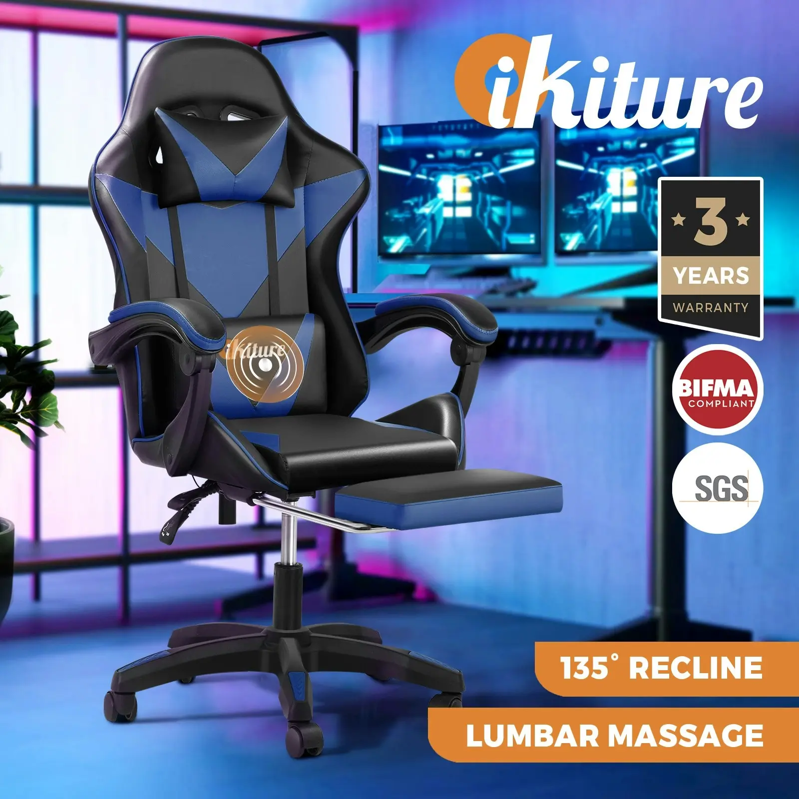 Oikiture Gaming Chair Massage Racing Recliner Office PU Leather with Footrest Black&Blue