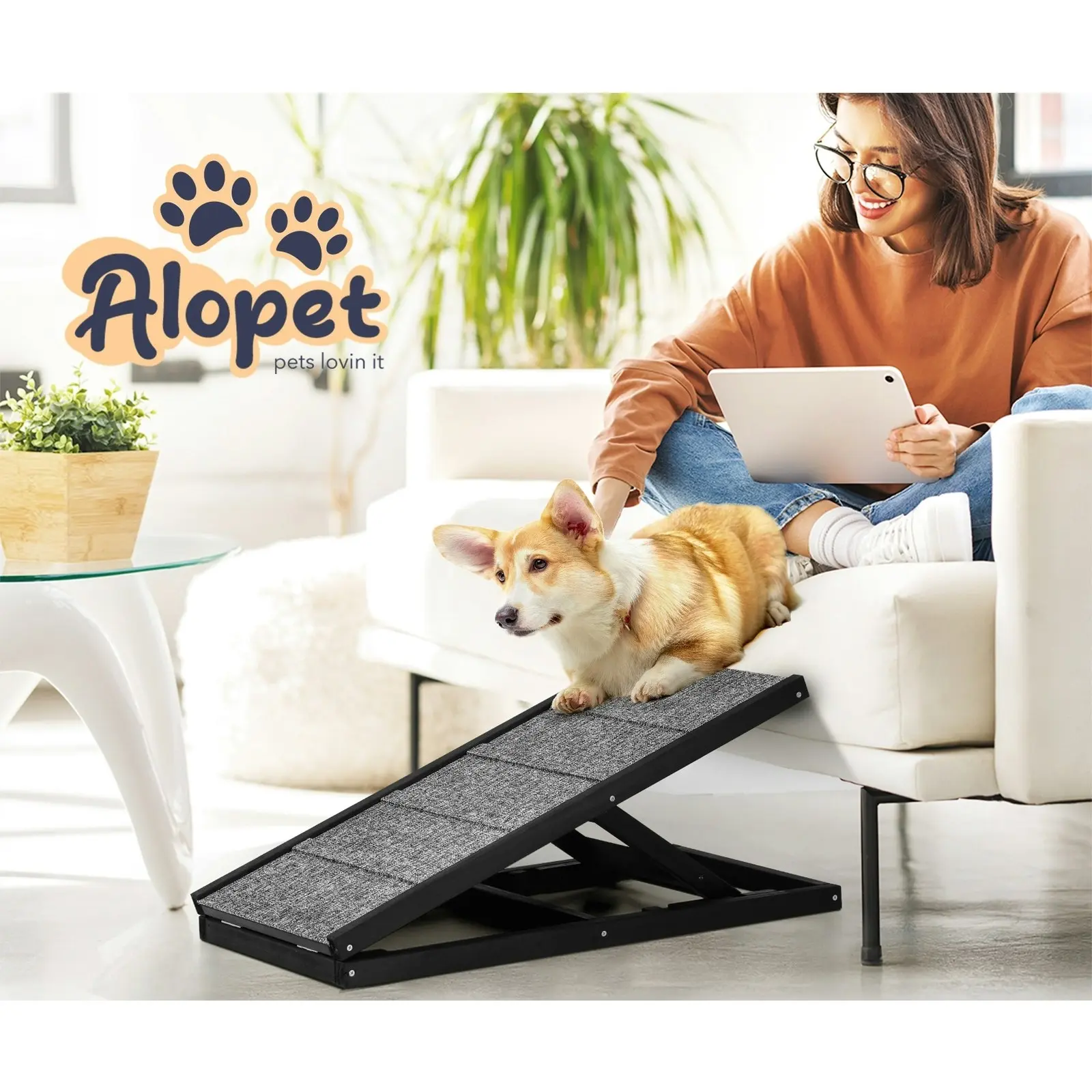 Alopet Dog Pet Ramp Adjustable Height Dogs Stairs Bed Sofa Car Foldable 70cm