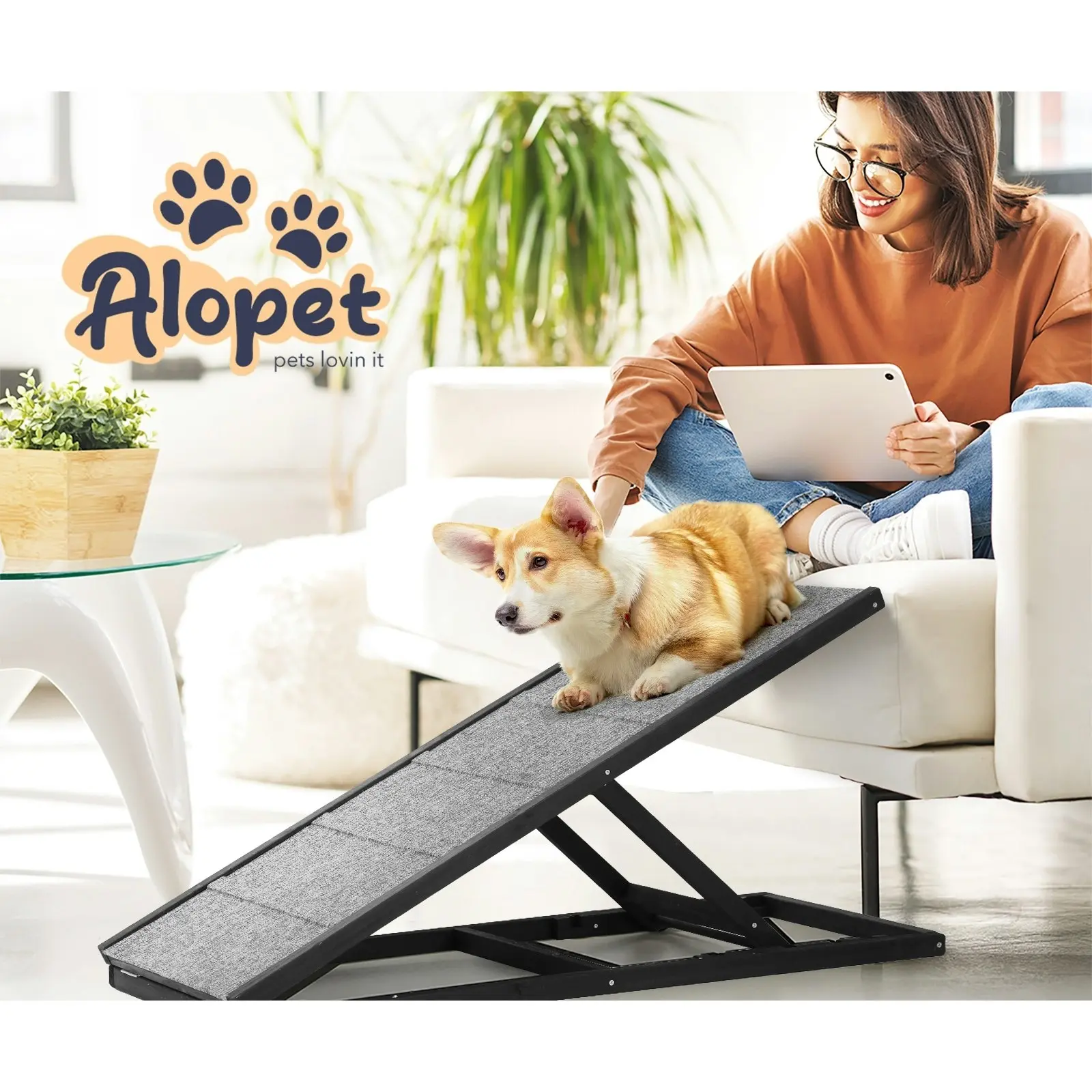 Alopet Dog Pet Ramp Adjustable Height Dogs Stairs Bed Sofa Car Foldable 100cm