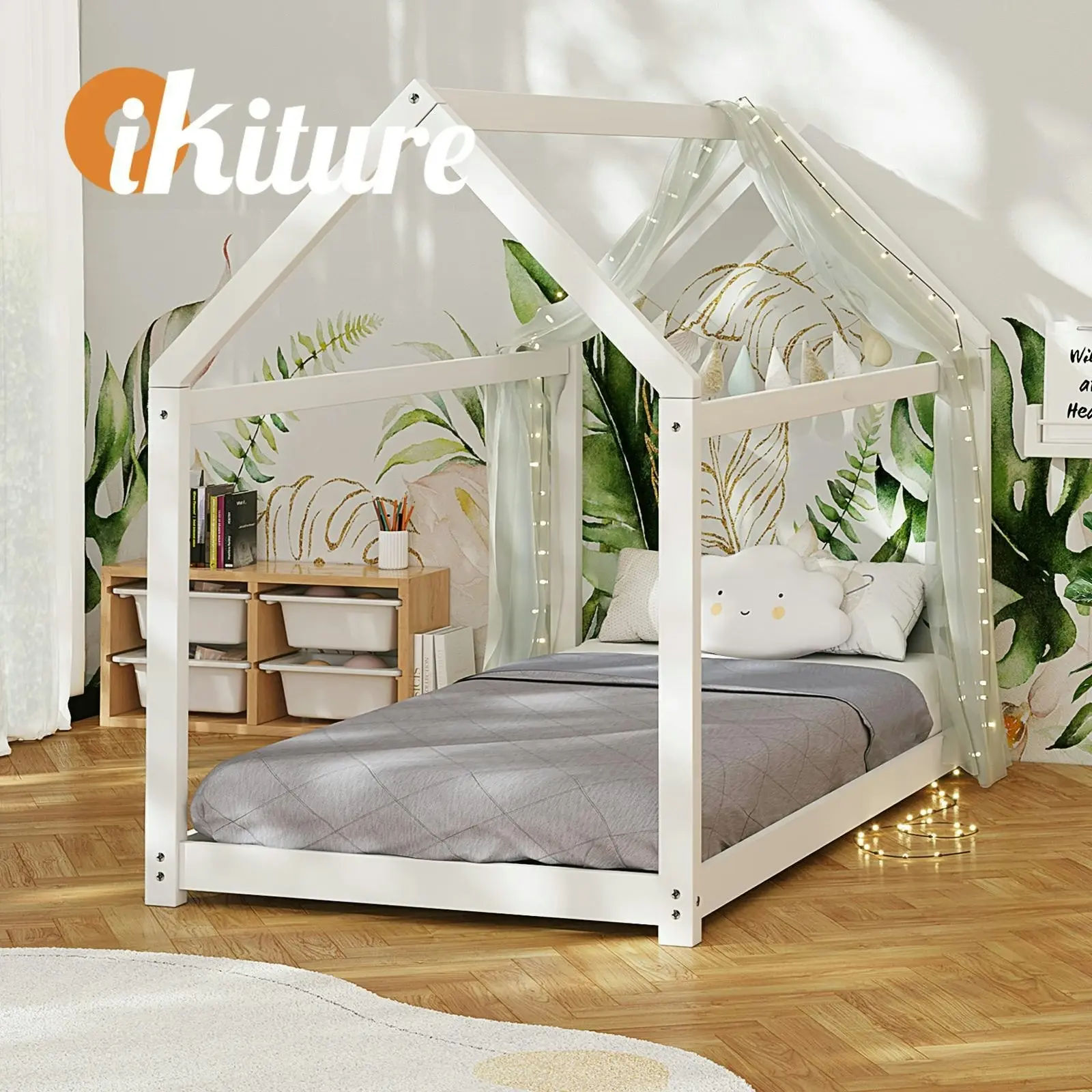 Oikiture Bed Frame Single Wooden Timber House Style Mattress Base Platform White