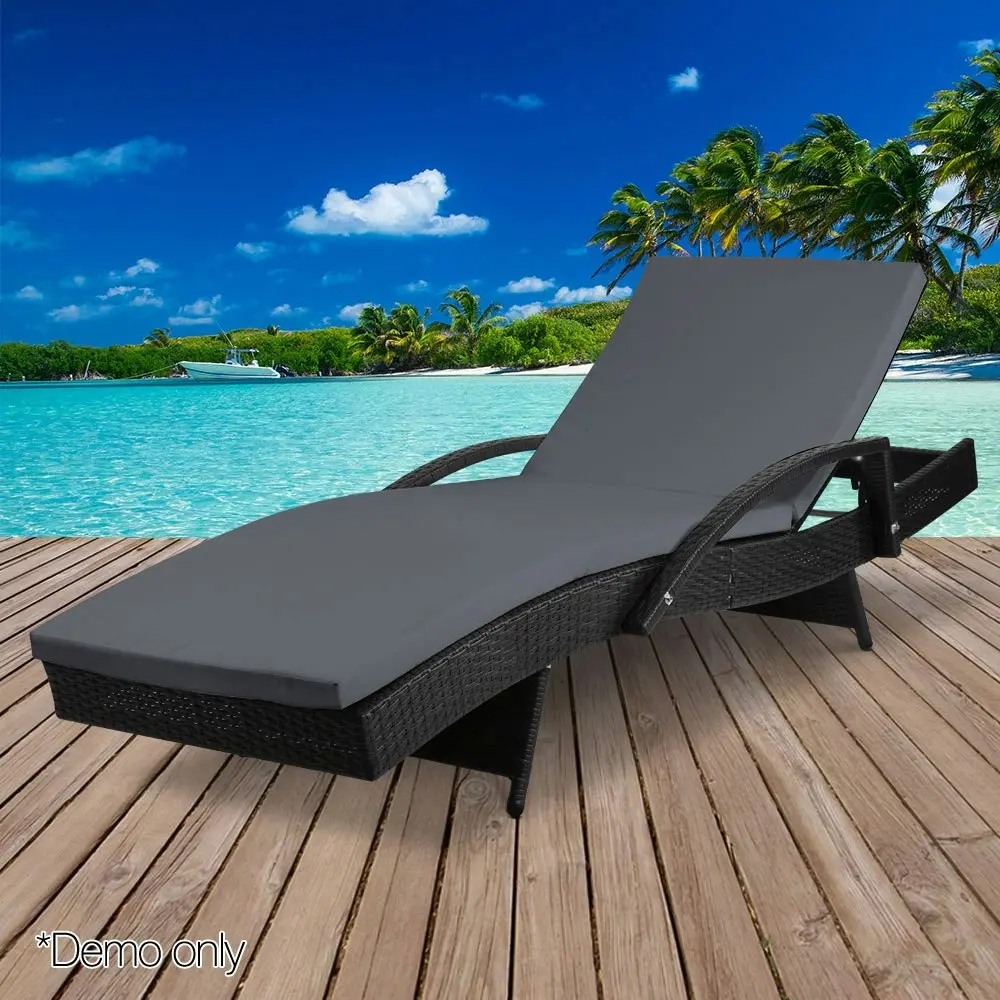 Gardeon Sun Lounge Wicker Lounger Outdoor Furniture Beach Chair Patio Adjustable Cushion Black