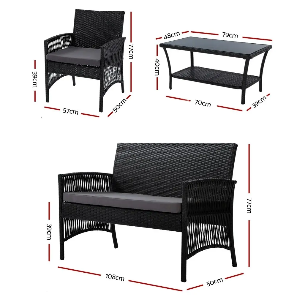 Gardeon 4PCS Outdoor Sofa Set Wicker Harp Chair Table Garden Furniture Black