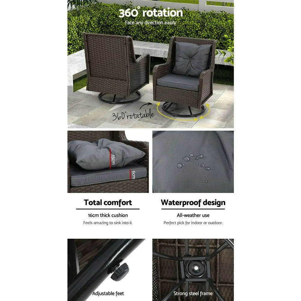 Gardeon 3PC Outdoor Furniture Bistro Set Lounge Wicker Swivel Chairs Table Cushion Black