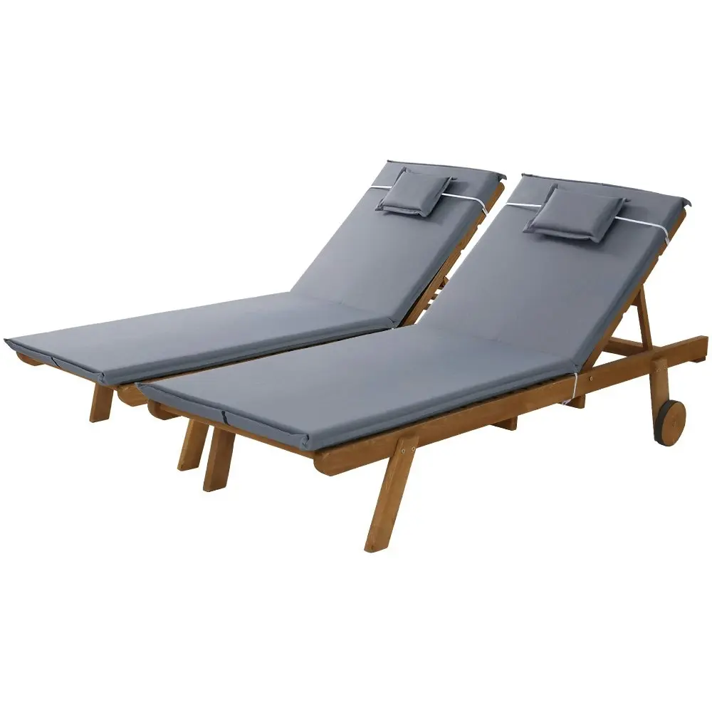 Gardeon 2x Sun Lounge Wooden Lounger Outdoor Furniture Day Bed Wheel Patio Grey