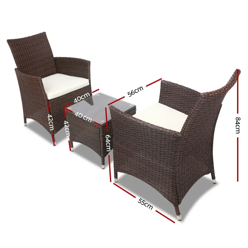 Gardeon 3PC Outdoor Bistro Set Patio Furniture Wicker Setting Chairs Table Cushion Brown