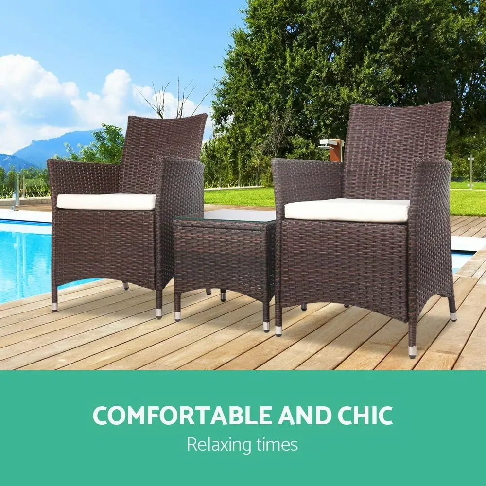 Gardeon 3PC Outdoor Bistro Set Patio Furniture Wicker Setting Chairs Table Cushion Brown