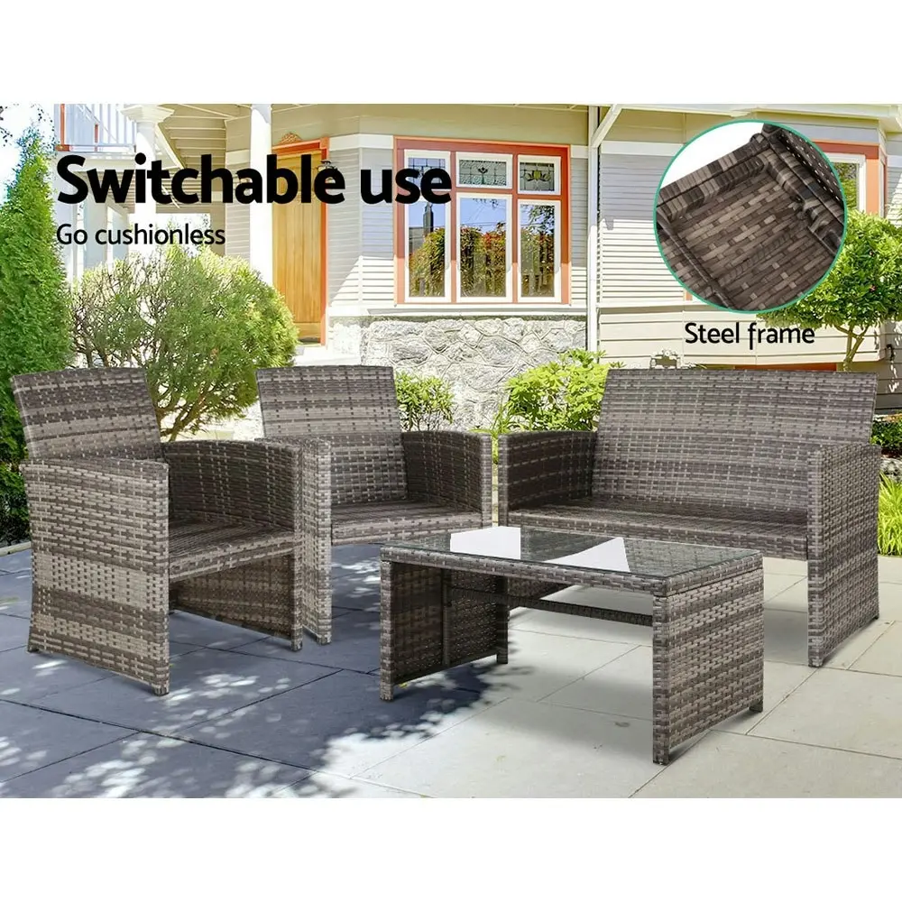 Gardeon 4 PCS Outdoor Sofa Set Rattan Chair Table Setting Garden Furniture Grey