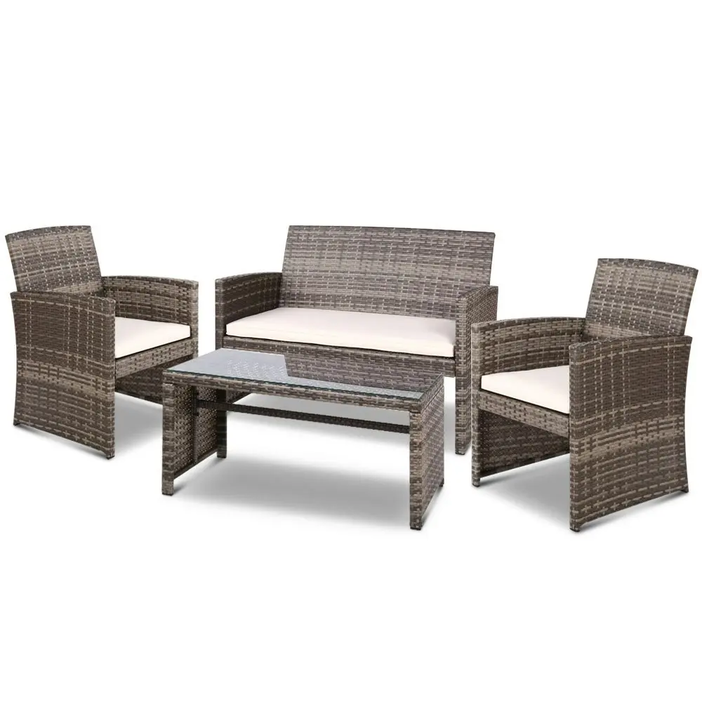 Gardeon 4 PCS Outdoor Sofa Set Rattan Chair Table Setting Garden Furniture Grey