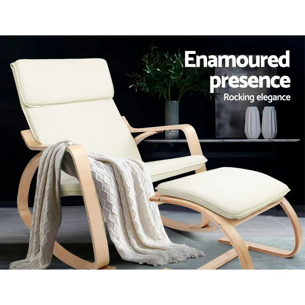 Artiss Rocking Armchair Bentwood Frame With Foot Stool Beige