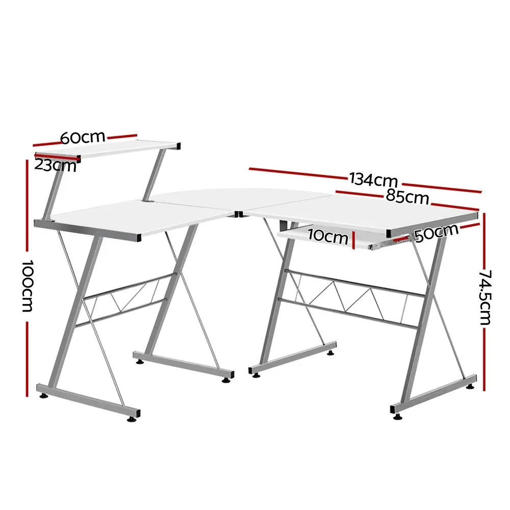 Artiss Computer Desk L-Shape Keyboard Tray Shelf White