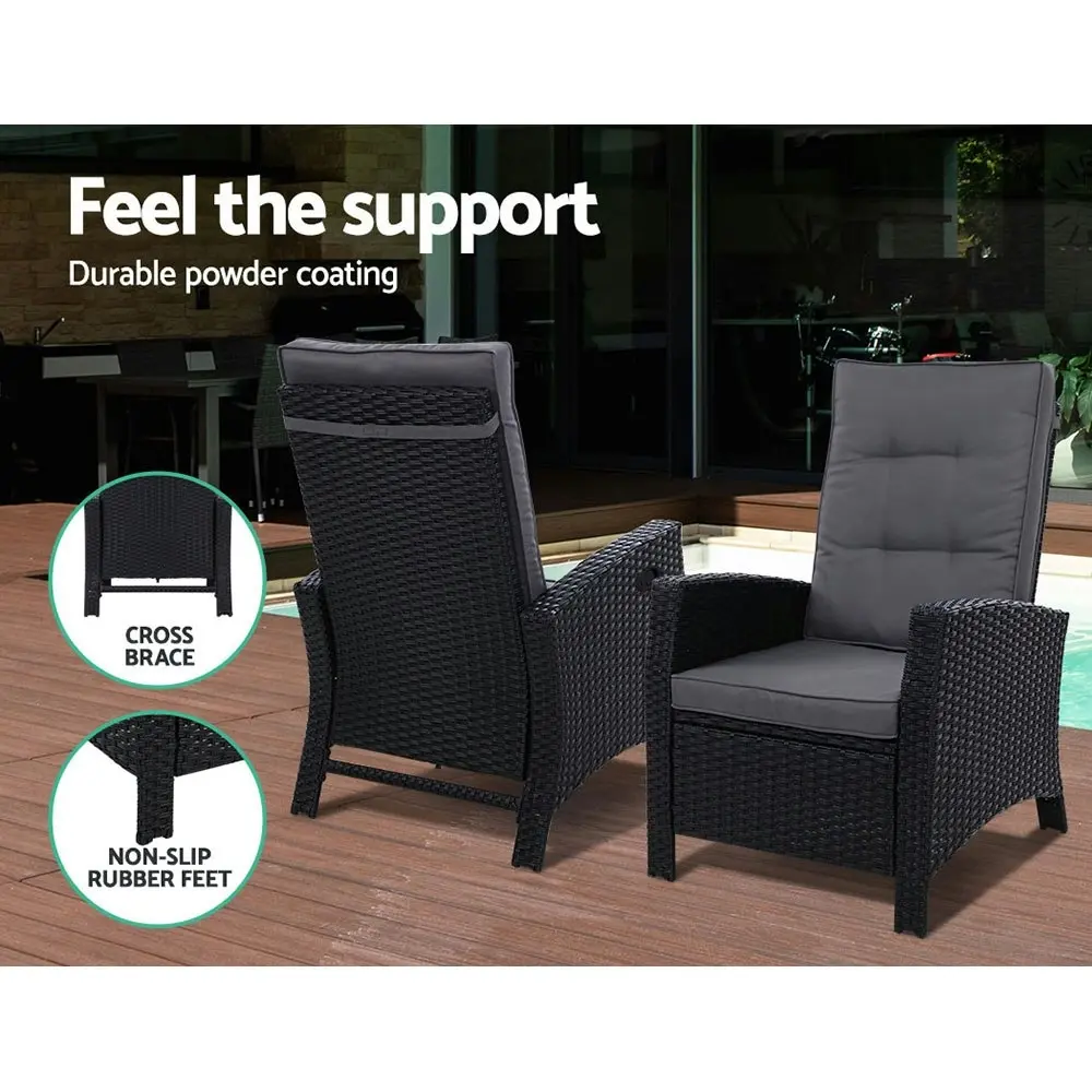 Gardeon 2PC Recliner Chairs Sun lounge Wicker Outdoor Furniture Adjustable Black