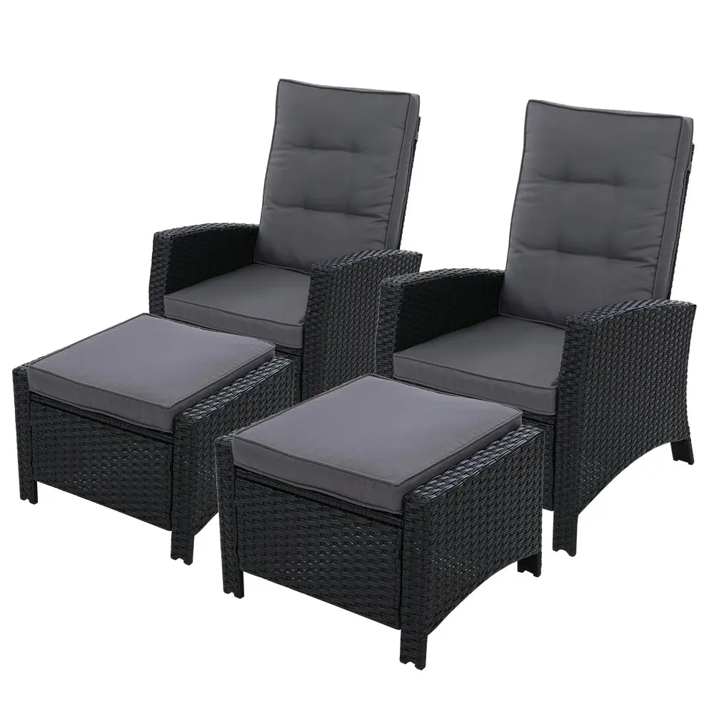 Gardeon 2PC Recliner Chairs Sun lounge Wicker Outdoor Furniture Adjustable Black