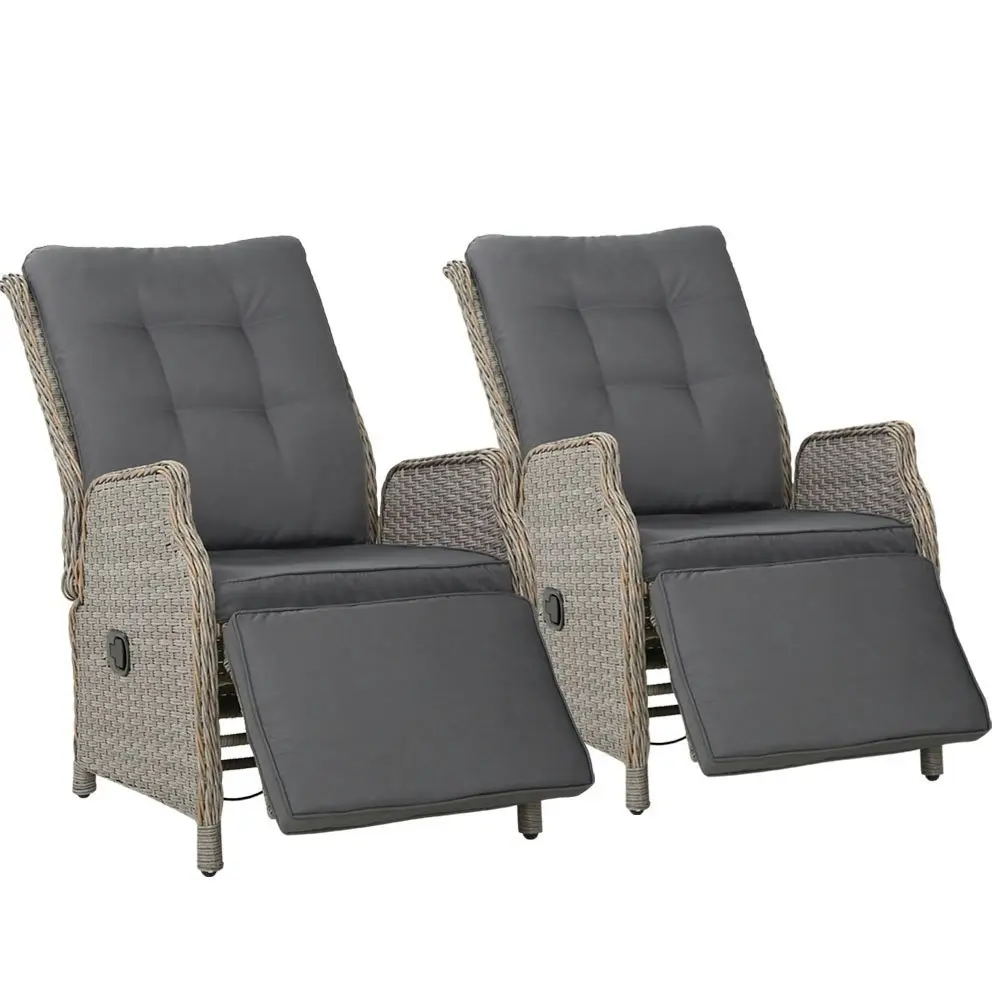 Gardeon 2PC Recliner Chairs Sun lounge Wicker Lounger Outdoor Furniture Adjustable Grey