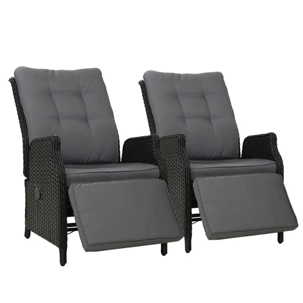 Gardeon 2PC Recliner Chairs Sun lounge Wicker Lounger Outdoor Furniture Adjustable Black