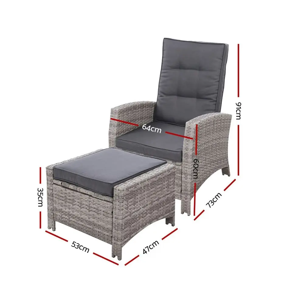 Gardeon 2PC Recliner Chairs Sun lounge Wicker Outdoor Furniture Adjustable Grey