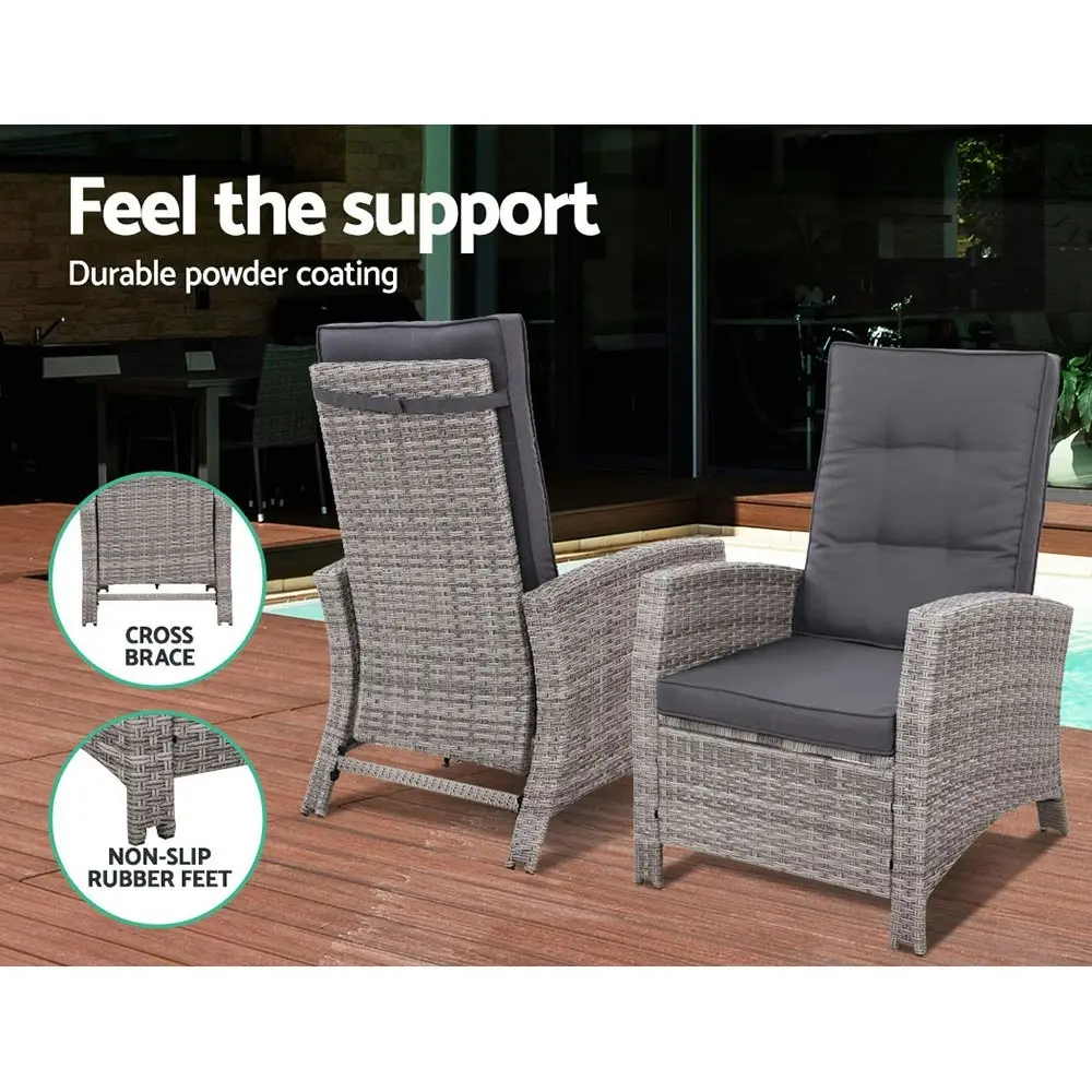 Gardeon 2PC Recliner Chairs Sun lounge Wicker Outdoor Furniture Adjustable Grey