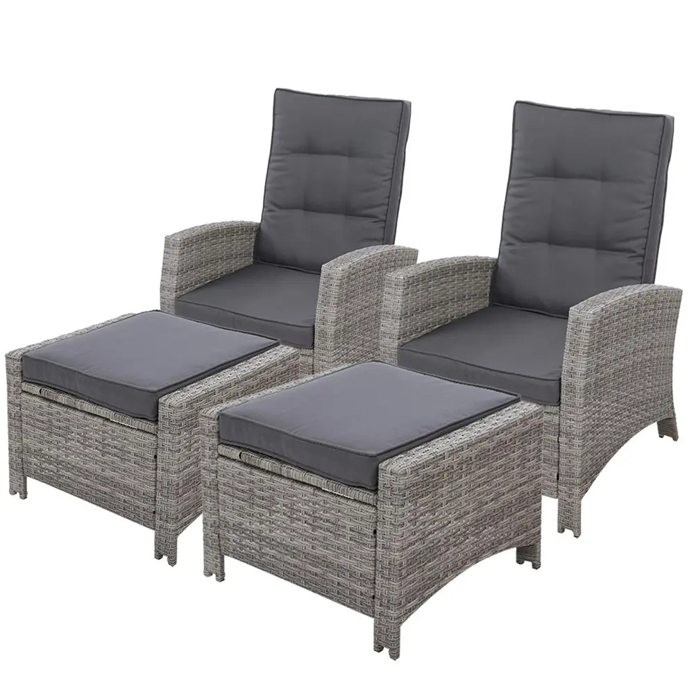 Gardeon 2PC Recliner Chairs Sun lounge Wicker Outdoor Furniture Adjustable Grey