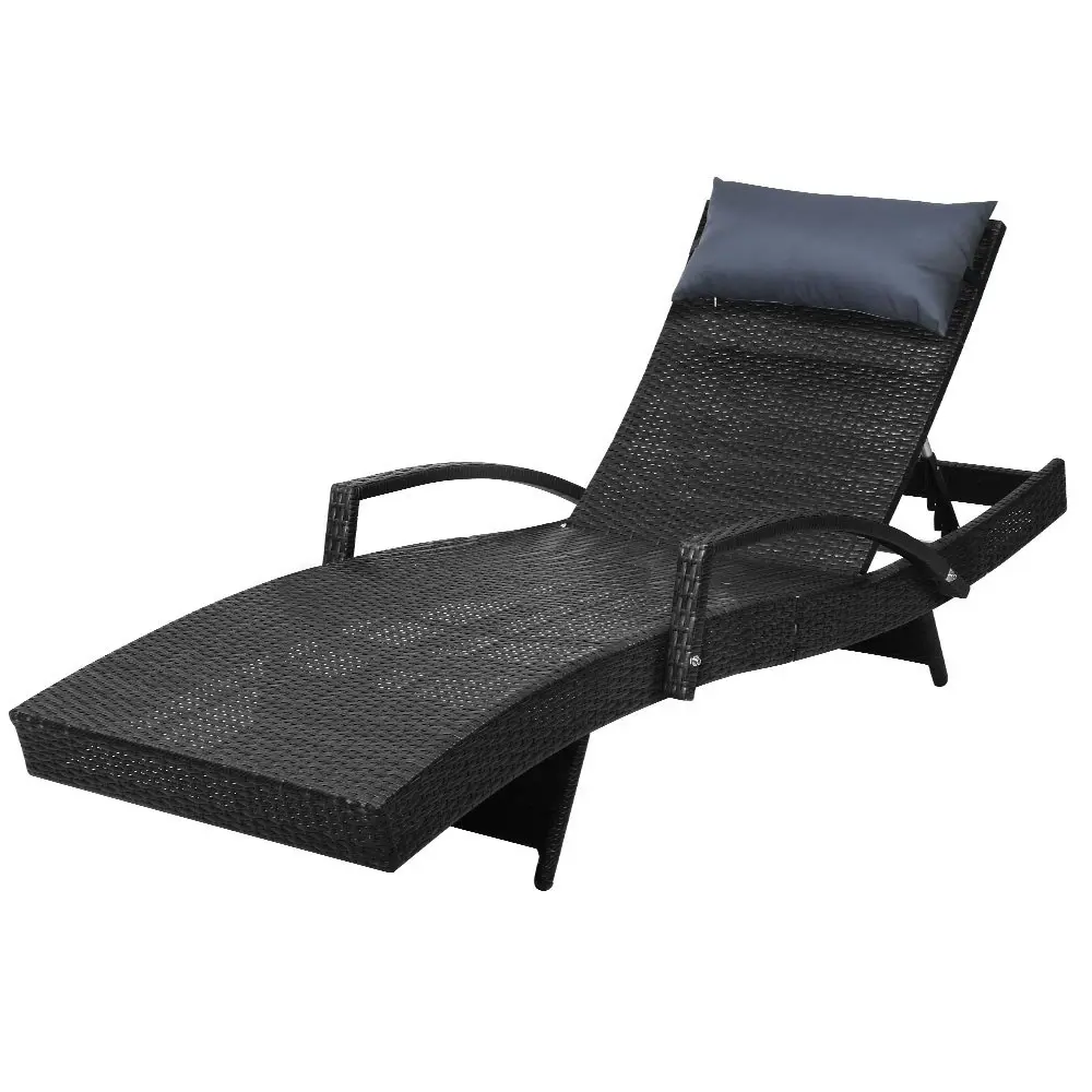 Gardeon Sun Lounge Wicker Lounger Outdoor Furniture Beach Chair Armrest  Adjustable Black