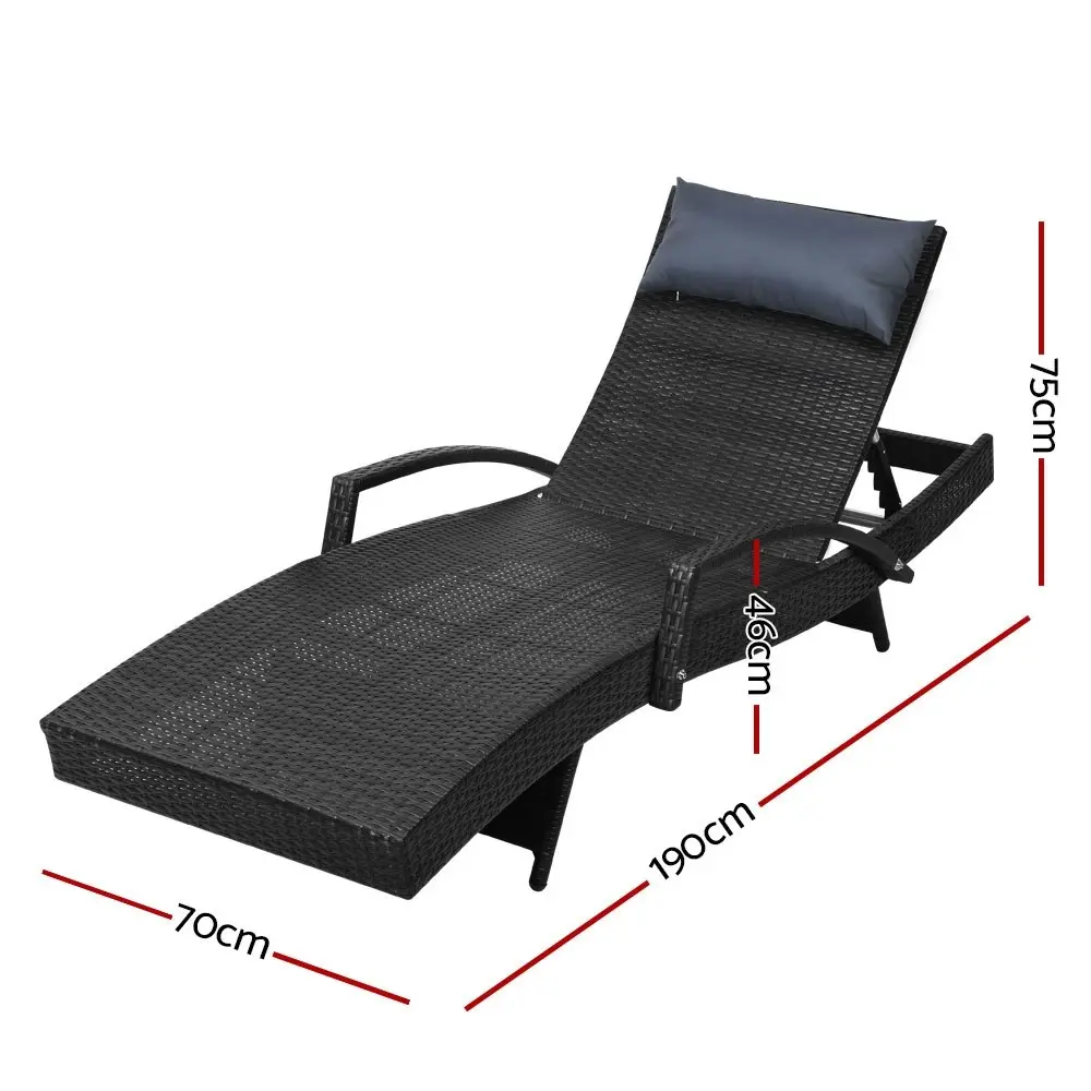 Gardeon Sun Lounge Wicker Lounger Outdoor Furniture Beach Chair Armrest  Adjustable Black