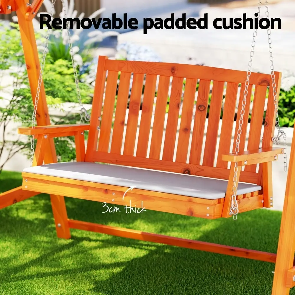 Gardeon Outdoor Wooden Swing Chair Garden Bench Canopy Cushion 2 Seater Teak