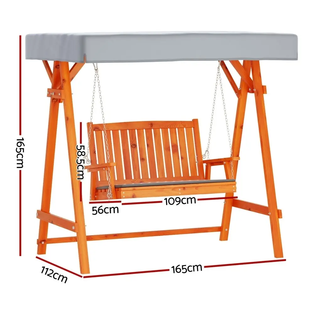 Gardeon Outdoor Wooden Swing Chair Garden Bench Canopy Cushion 2 Seater Teak