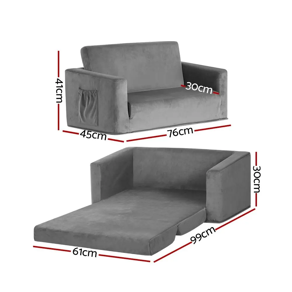 Keezi Kids Sofa 2 Seater Children Flip Open Couch Velvet Armchair Grey