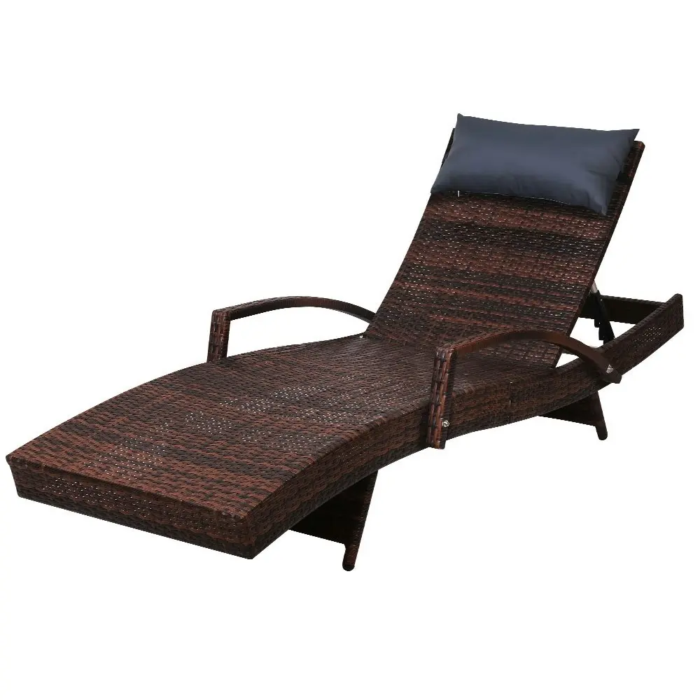 Gardeon Sun Lounge Wicker Lounger Outdoor Furniture Beach Chair Armrest Adjustable Brown