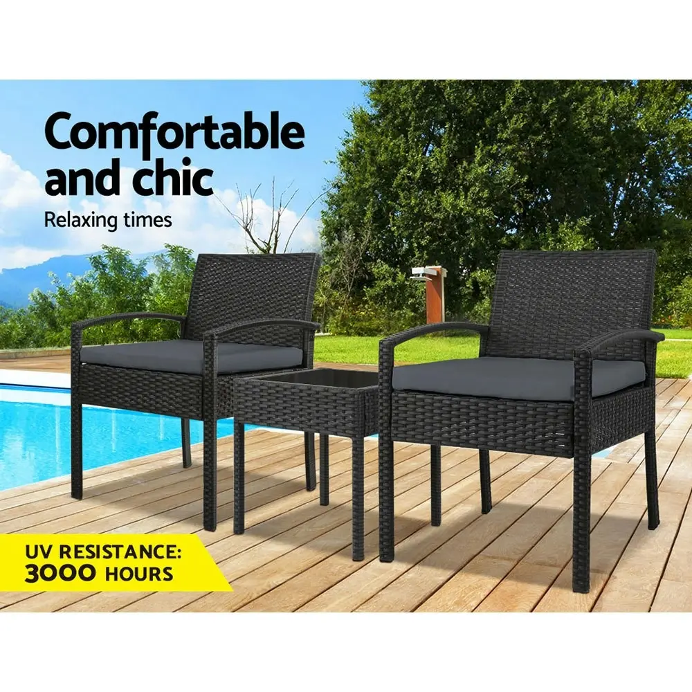 Gardeon 3PC Patio Furniture Bistro Set Wicker Outdoor Lounge Setting Black