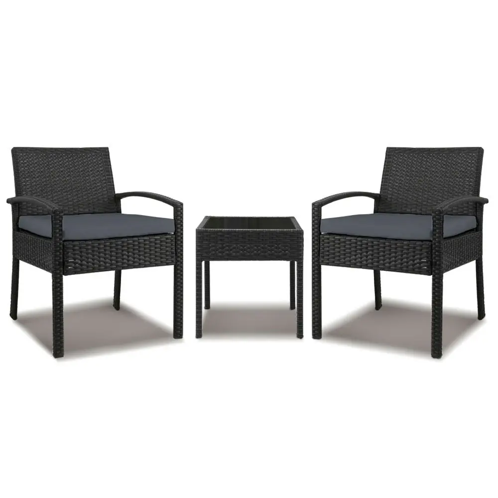 Gardeon 3PC Patio Furniture Bistro Set Wicker Outdoor Lounge Setting Black