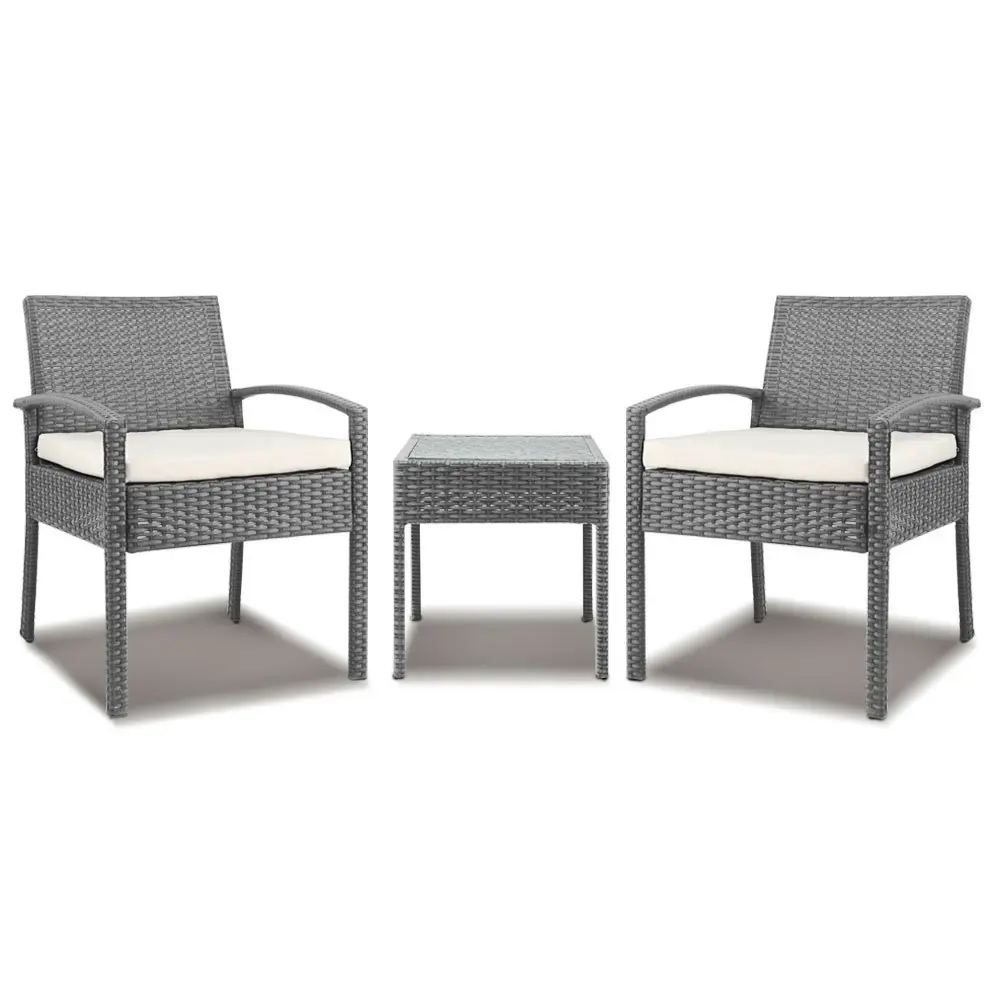 Gardeon 3PC Patio Furniture Bistro Set Wicker Outdoor Lounge Setting Grey