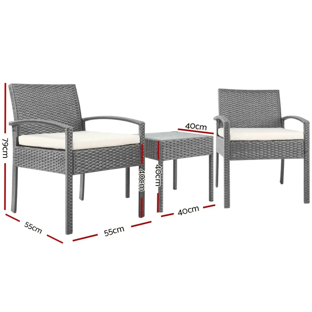 Gardeon 3PC Patio Furniture Bistro Set Wicker Outdoor Lounge Setting Grey