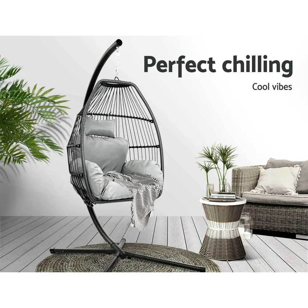 Gardeon Outdoor Egg Swing Chair Wicker Rope Furniture Pod Stand Cushion Grey