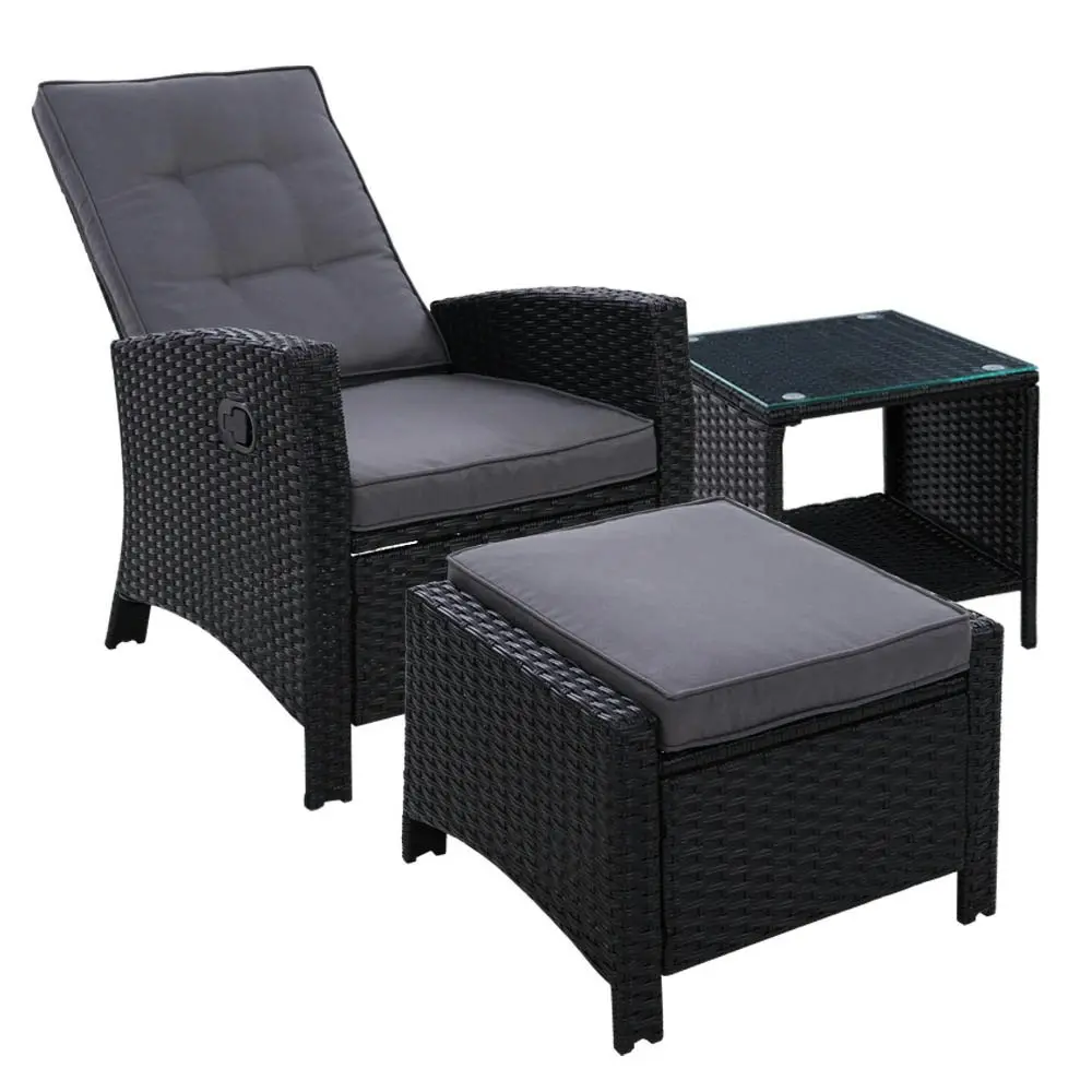 Gardeon 3PC Recliner Chairs Table Sun lounge Wicker Outdoor Furniture Adjustable Black