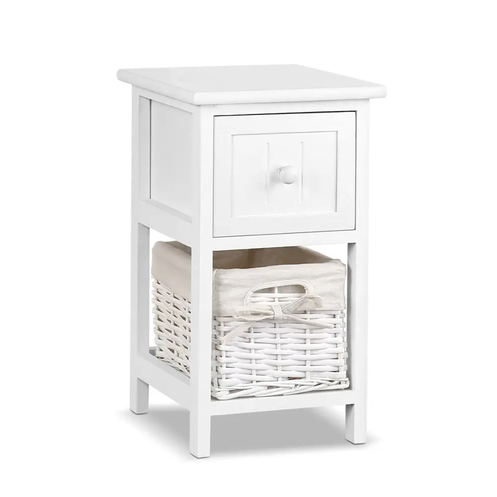 Artiss Bedside Table 1 Drawer with Basket Rustic White X2