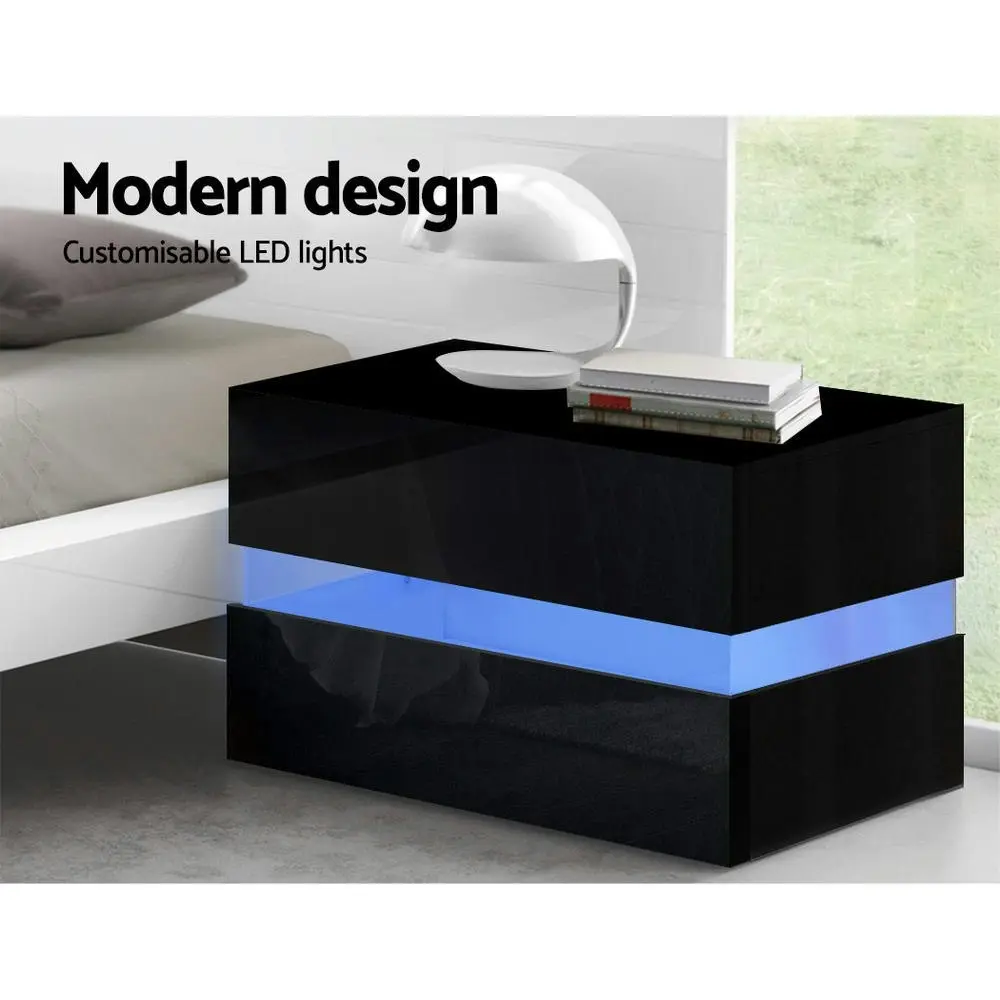 Artiss Bedside Table LED 2 Drawers - LUMI Black