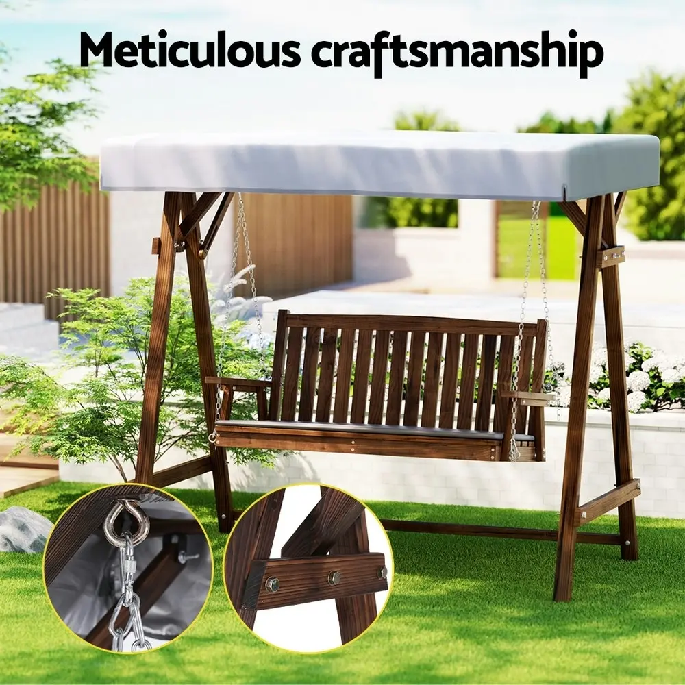 Gardeon Outdoor Wooden Swing Chair Garden Bench Canopy Cushion 3 Seater Charcoal