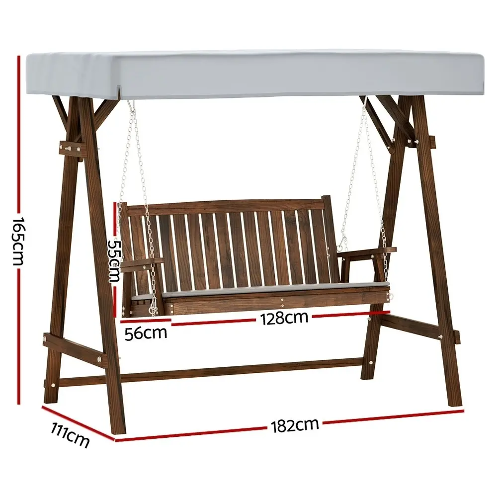 Gardeon Outdoor Wooden Swing Chair Garden Bench Canopy Cushion 3 Seater Charcoal