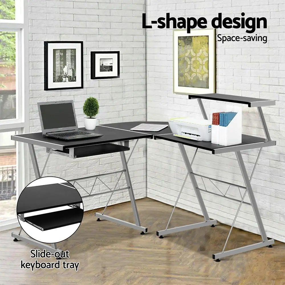 Artiss Computer Desk L-Shape Keyboard Tray Shelf Black