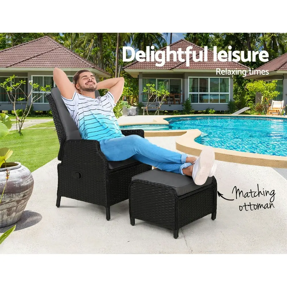 Gardeon Recliner Chair Sun lounge Wicker Lounger Outdoor Furniture Patio Adjustable Black