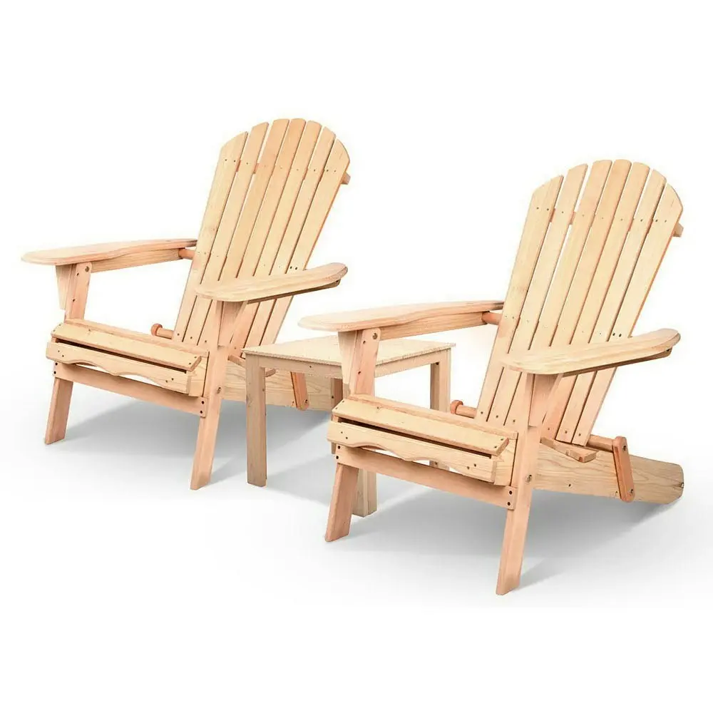 Gardeon 3PC Adirondack Outdoor Table and Chairs Wooden Foldable Beach Chair Natural