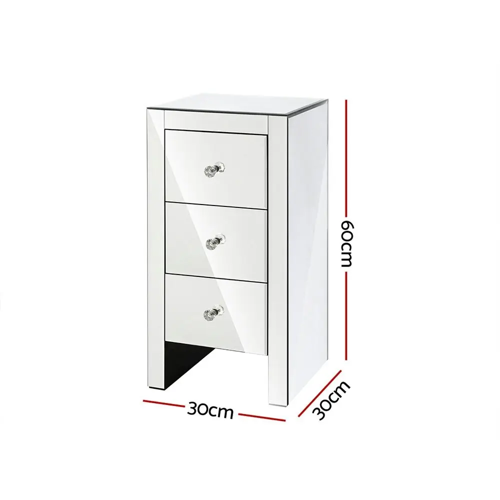 Artiss Bedside Table 3 Drawers Mirrored Glass - QUENN Silver