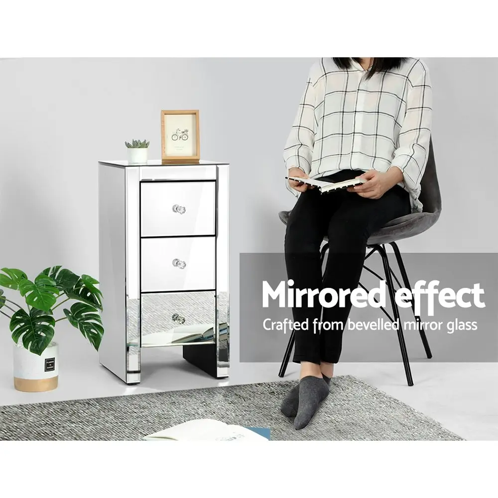 Artiss Bedside Table 3 Drawers Mirrored Glass - QUENN Silver