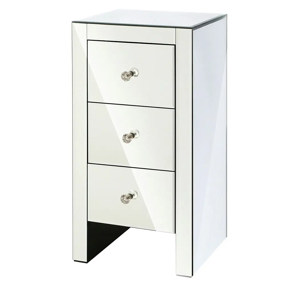 Artiss Bedside Table 3 Drawers Mirrored Glass - QUENN Silver