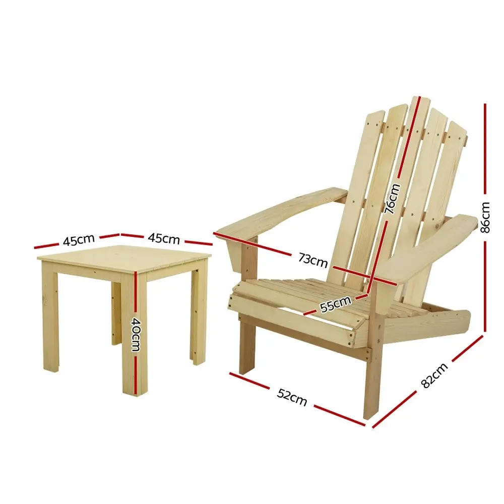 Gardeon 3PC Adirondack Outdoor Table and Chairs Wooden Beach Chair Natural